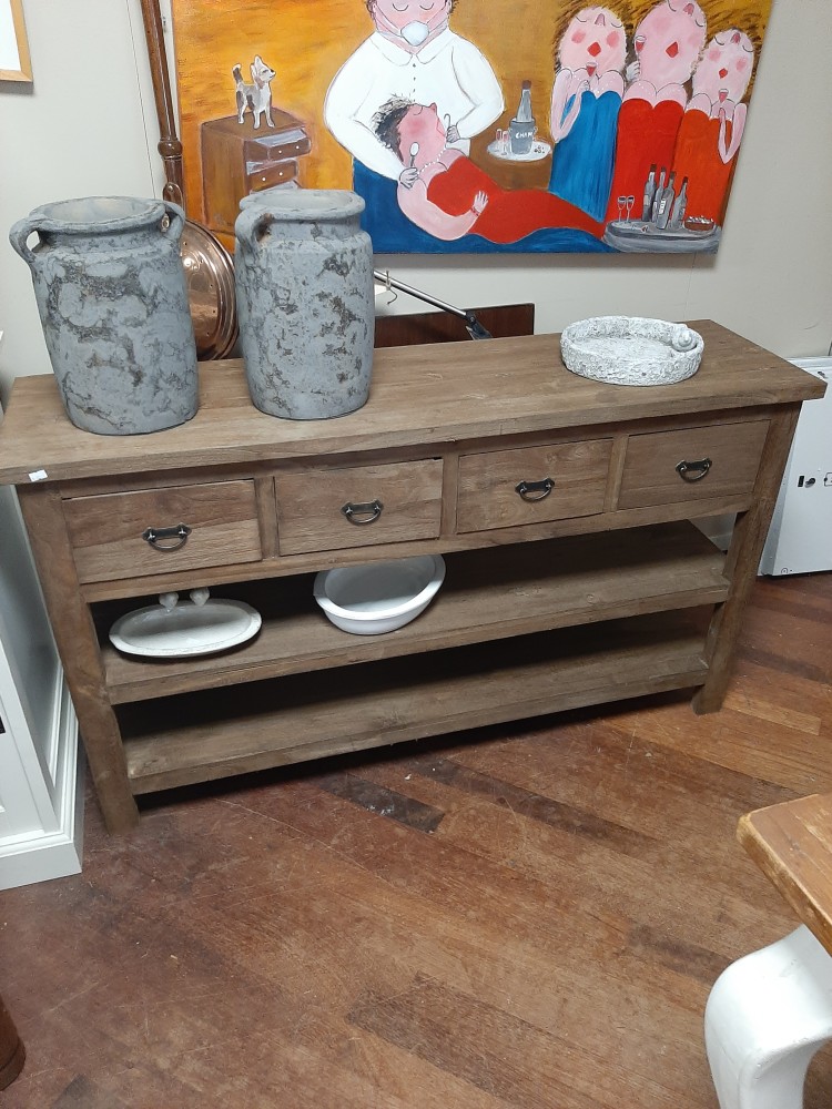 Oud teakhouten sidetable 4 lades 2x plateau 140 cm Oud teakhouten sidetable 4 lades 2x plateau 140 cm