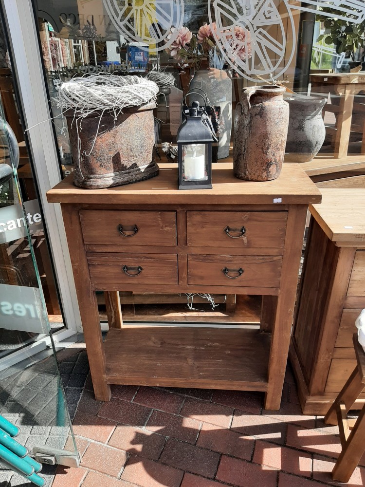 Oud teakhouten sidetable 4 lades onderlateau 80 cm Oud teakhouten sidetable 4 lades onderlateau 80 cm